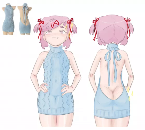 natsuki tries on a new outfit, ( = ⩊ = ) though it's a little cold in the back