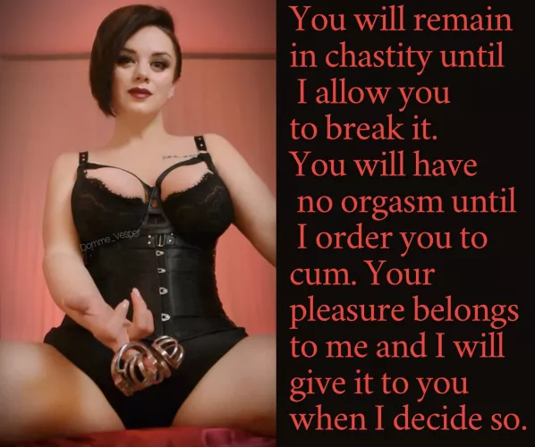 You will remain in chastity until I allow you to break it. You will have no orgasm until I order you to cum. Your pleasure belongs to me and I will give it to you when I decide so.