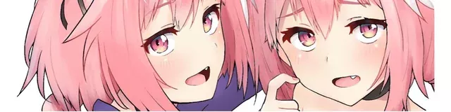 LF Color Source: Astolfo (Fate Grand Order), finger on cheek, fang, scratching cheek, pink hair, clones, twins, choker, collar, blushing