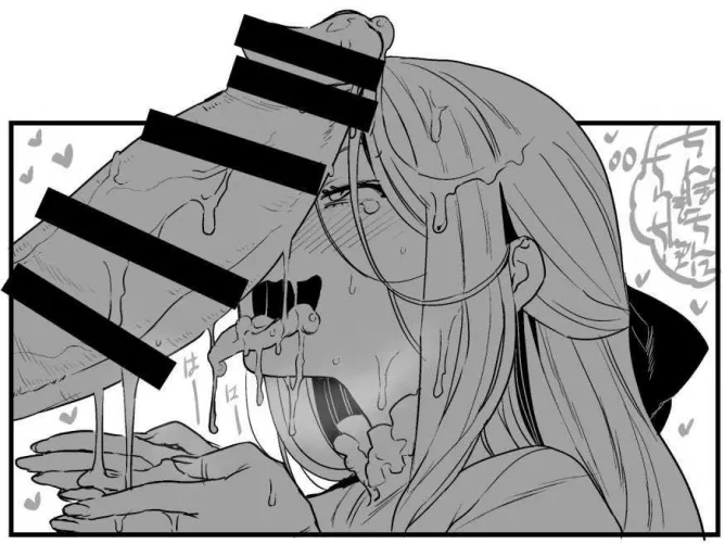 LF Mono Source: 1boy, 1girl, after ejaculation, after fellatio, black ribbon, censored, cum, cum in mouth, bear censor, foreign text, foreign sfx, open mouth, tongeu out, penis, long hair, tears, own hands together, heart,