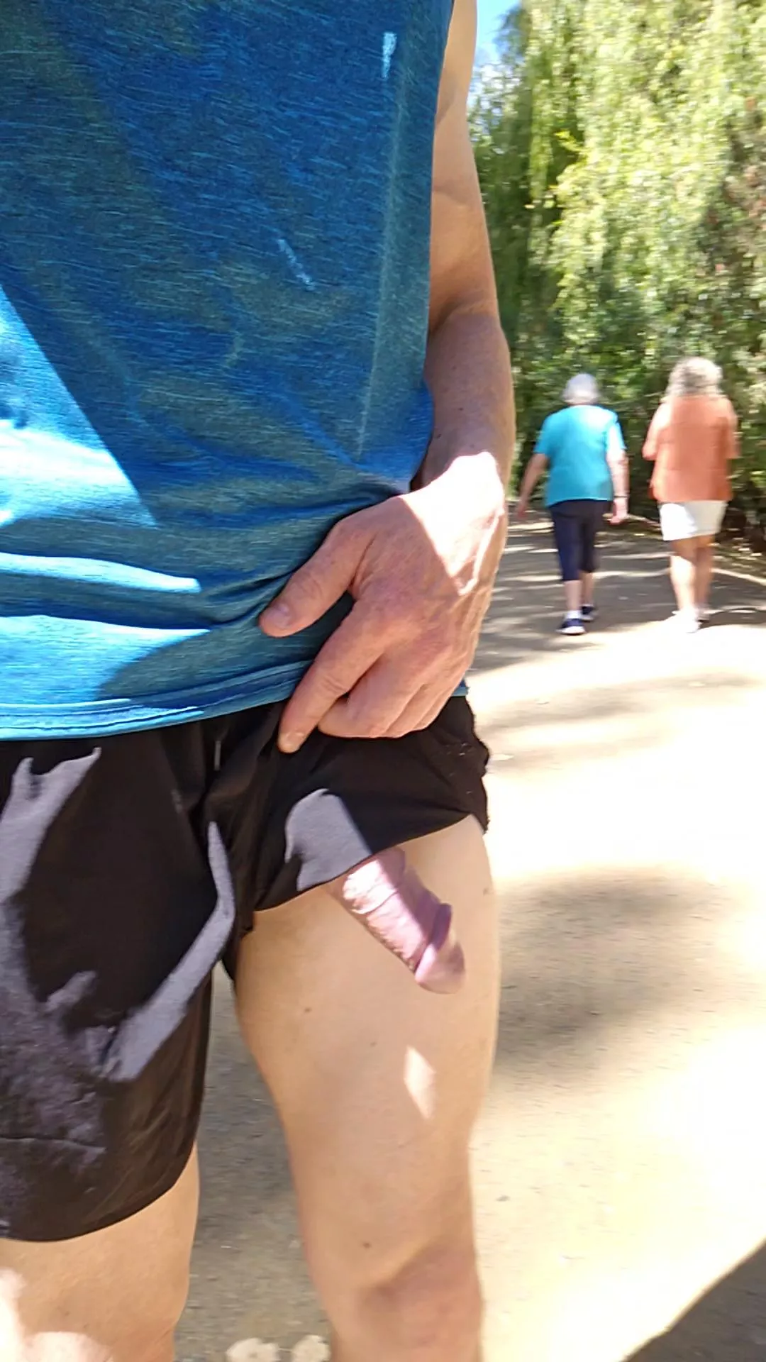 Lunchtime walk along a popular track. There's no hiding this thing in my shorts.