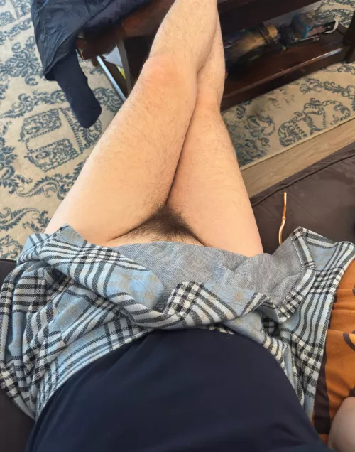 Slide up my skirt to find my all natural bush and legs