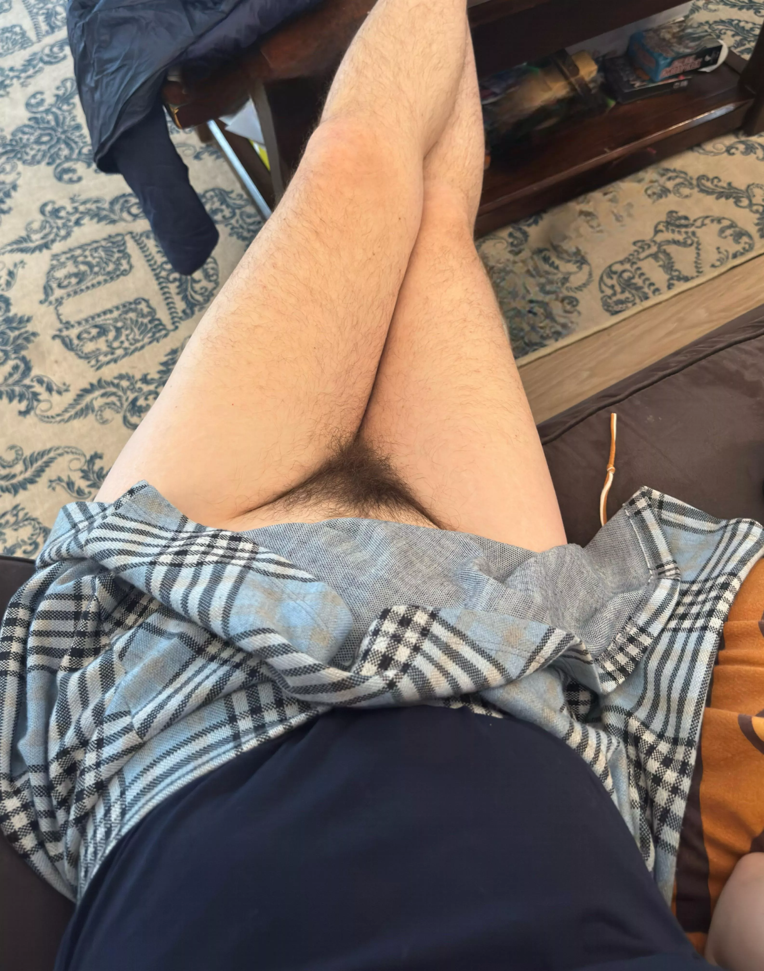 Slide up my skirt to find my all natural bush and legs