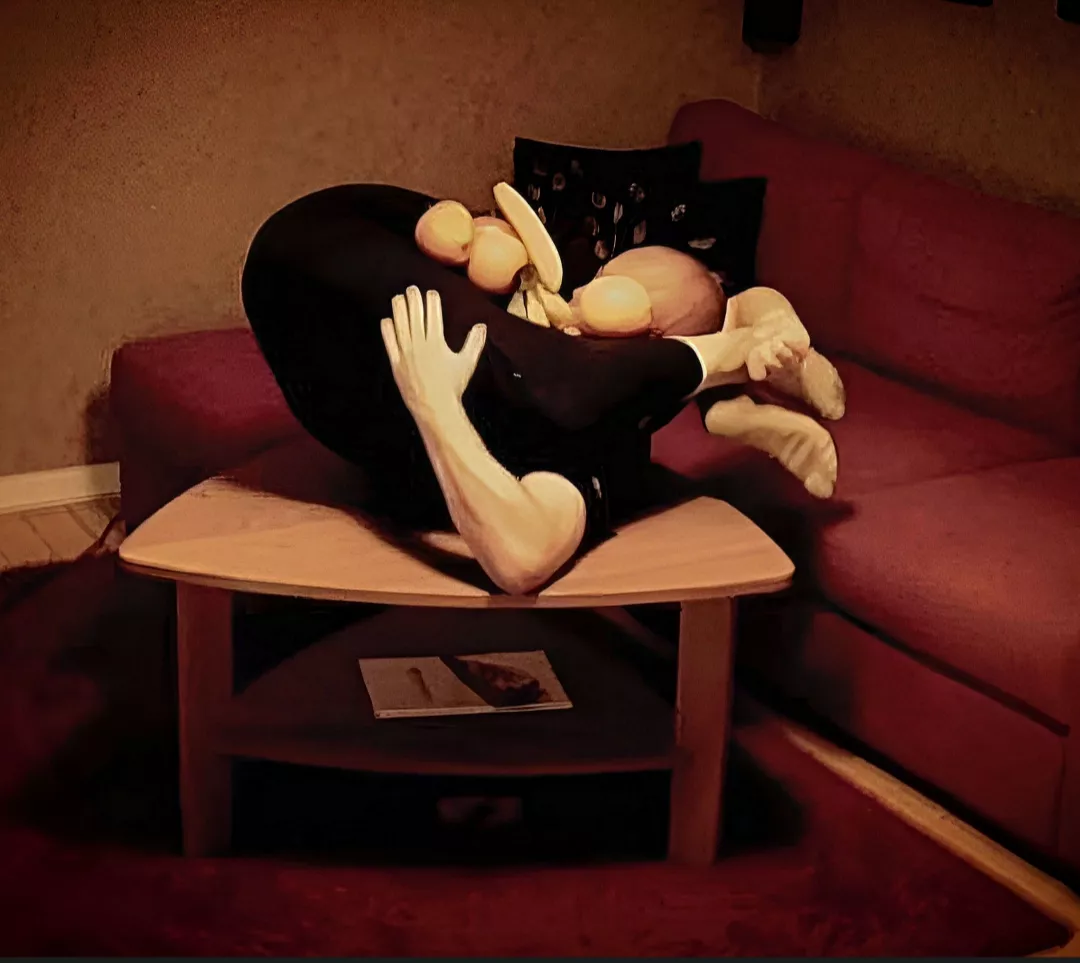 Folded up into a human fruit basket.