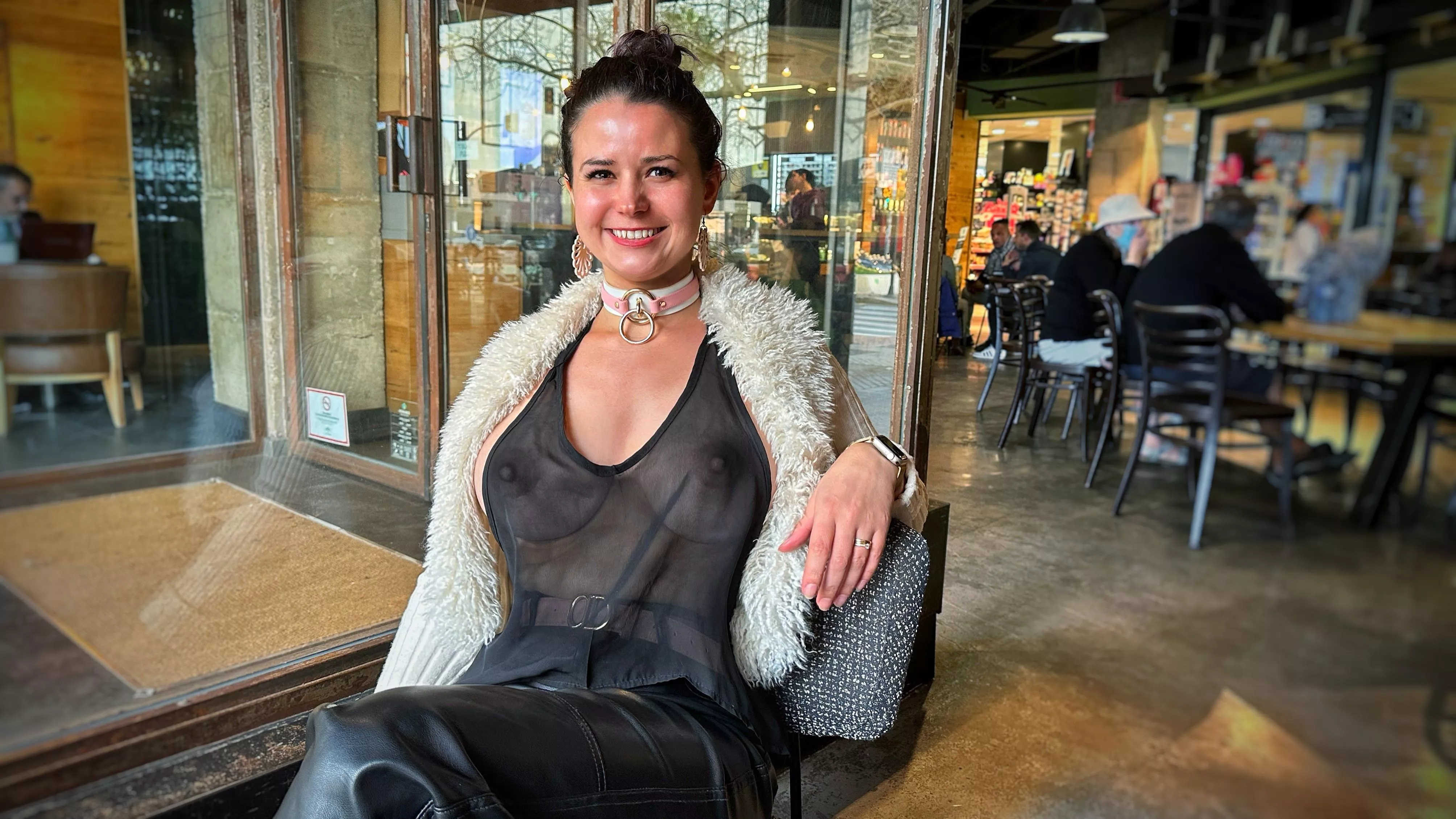 Out getting coffee in a very revealing top… it might be cold, but you can still look hot.