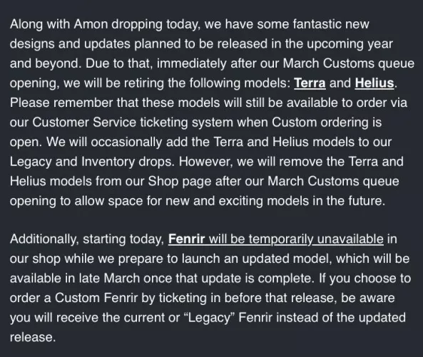 PSA Terra and Helius being retired. Fenrir temporarily unavailable to update base design to work with suction cup.