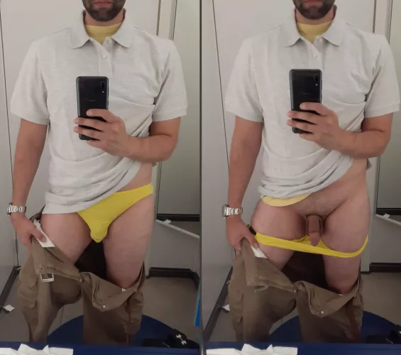 Behind fitting room doors.