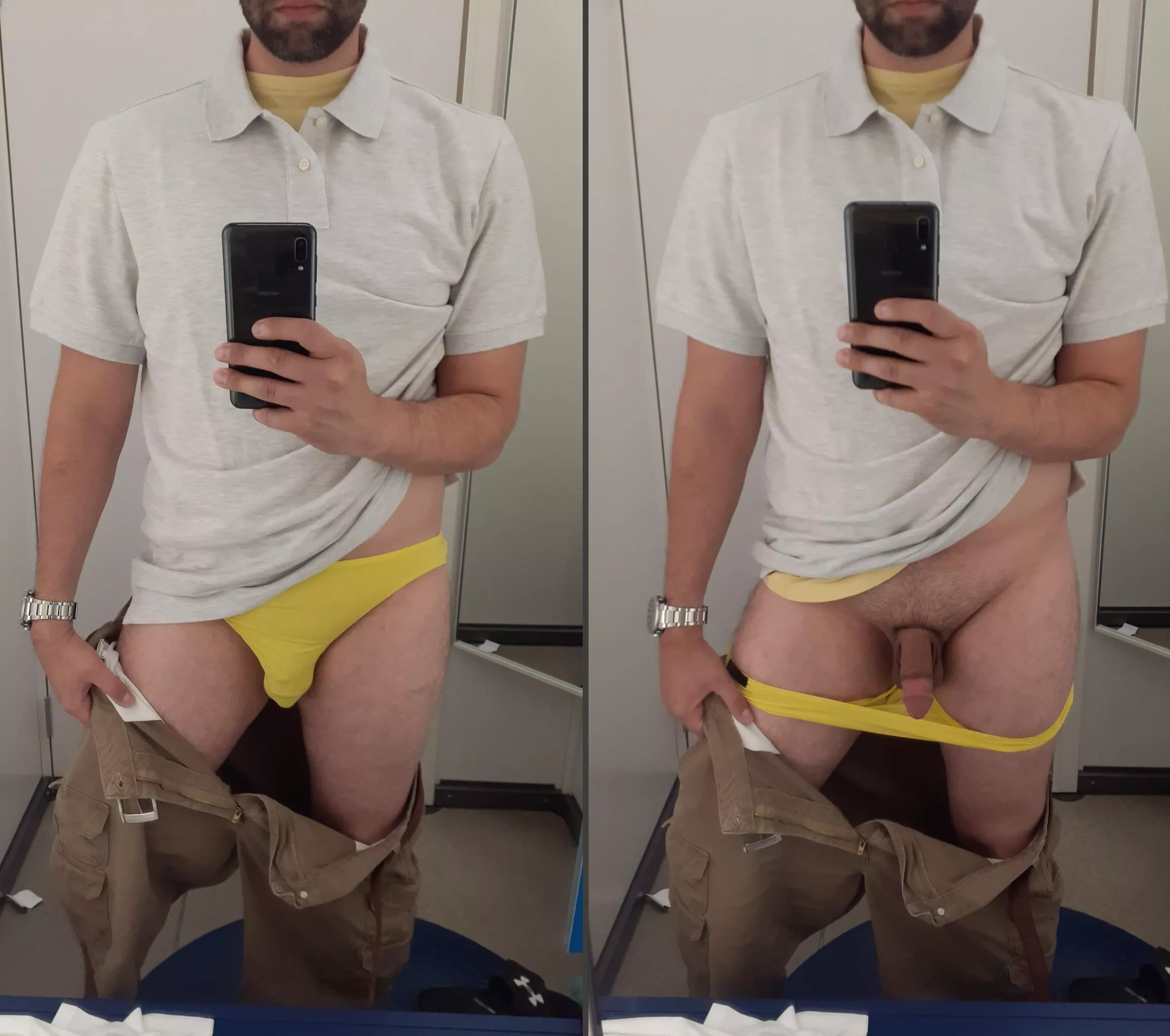 Behind fitting room doors.