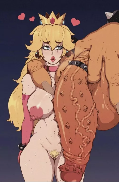 LF Color Source. Bowser, princess peach, 1girl, blonde, crown, neck collar, ball shaped earrings, hearts, long penis, spikes on penis, big testicles, big hands, long nails