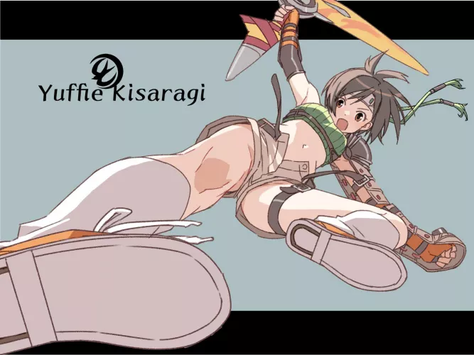 Yuffie Kisaragi kicking the bad guy