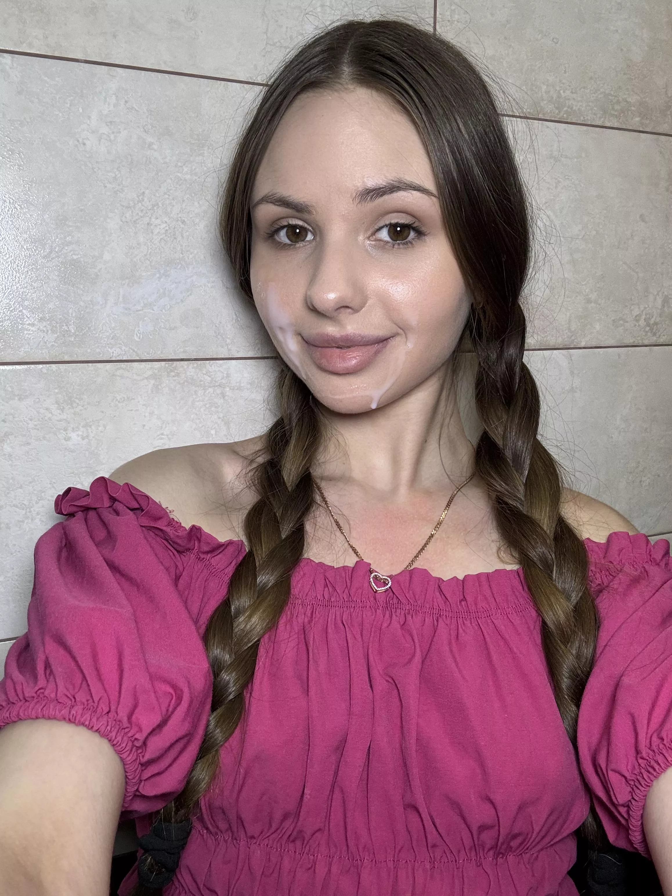 delicious cum on my bright pink blouse