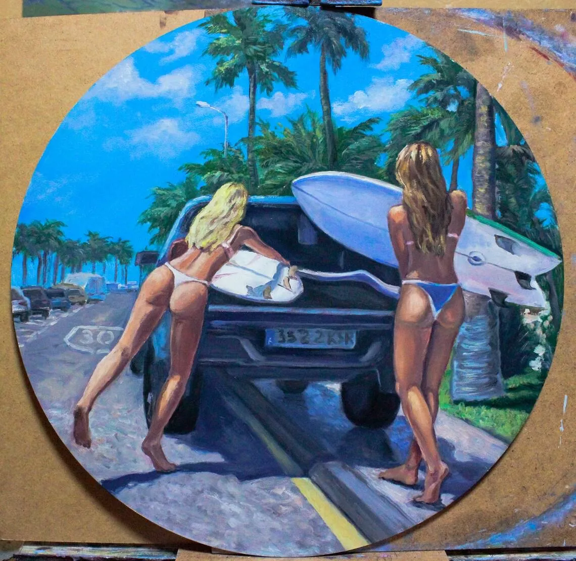 Young surfers. My oil painting on hardboard