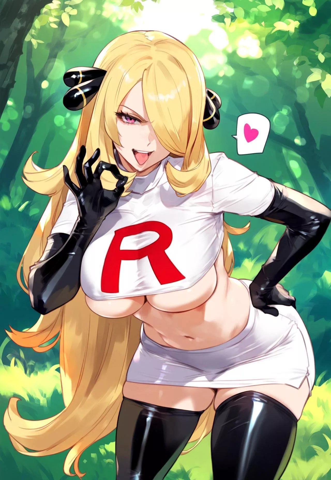 LF Color source: Cynthia, heart, latex gloves, latex stockings, underboob, blowjob sign, 1girl