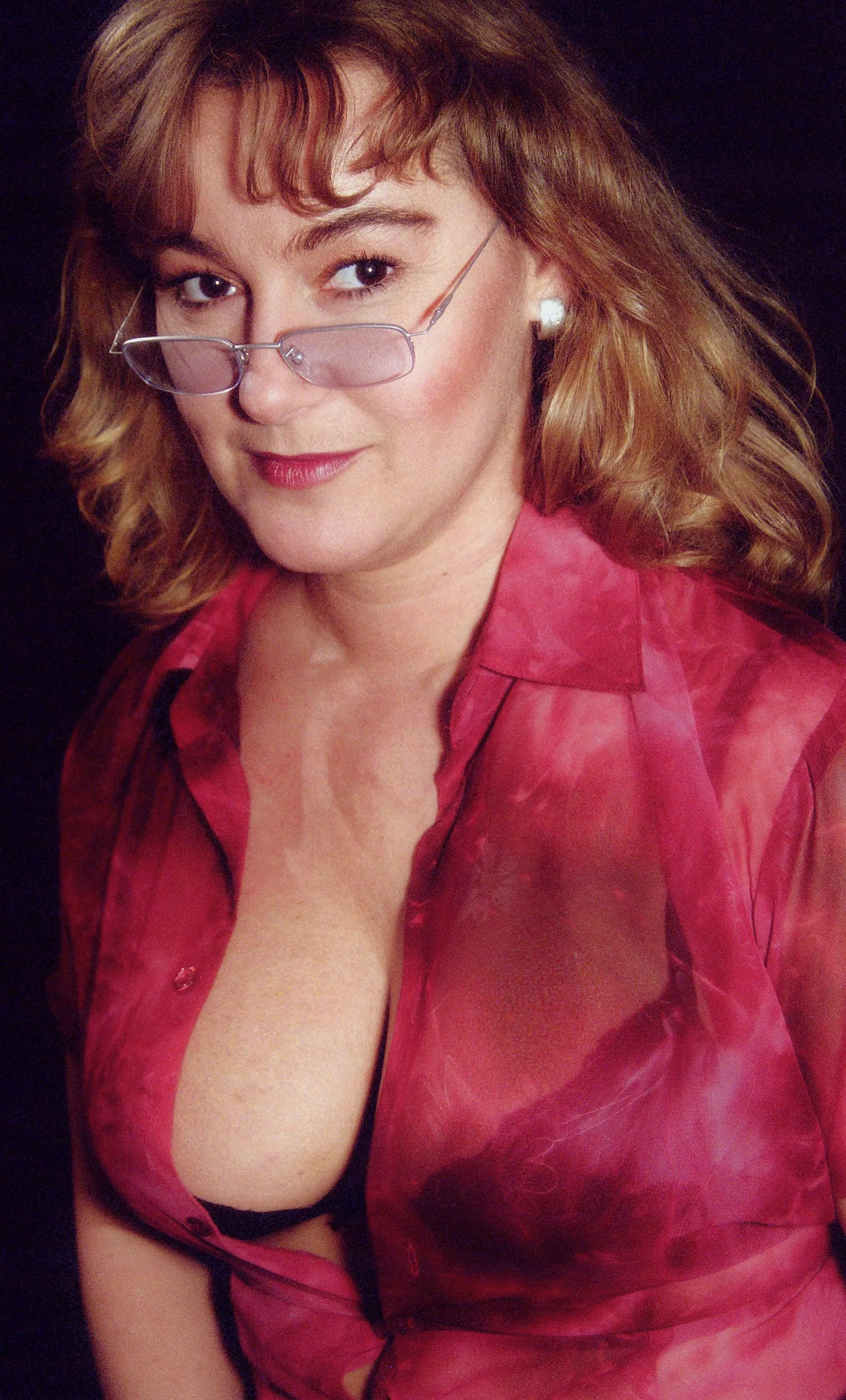Busty Redhead MILF Secretary in a transparent Sheer Blouse