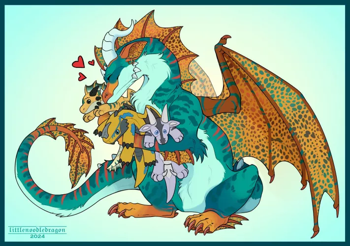 What’s cuter than a derg snuggling a plushie? A derg snuggling THREE plushies!! [me, littlenoodledragon]