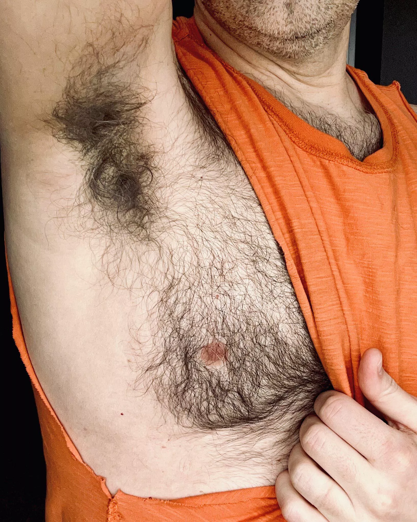 Back in my ratty ol' shirt flashing lots of hairy titty & smelly pit at the gym...