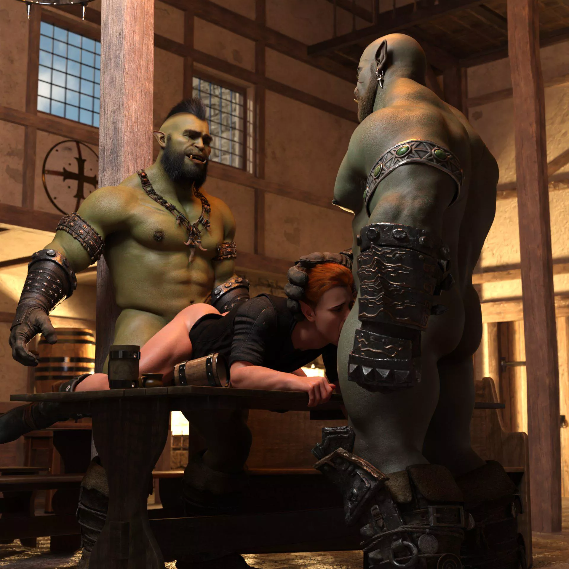 Two burly orcs having fun with a twink...I mean elf in a local tavern. [@Wereorc]