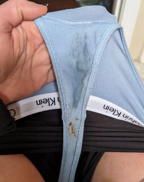 Update on baby blue CK thong. Got some skids and cum layered on!