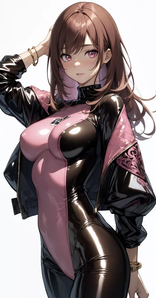 Black/Pink Bodysuit & Leather Jacket 