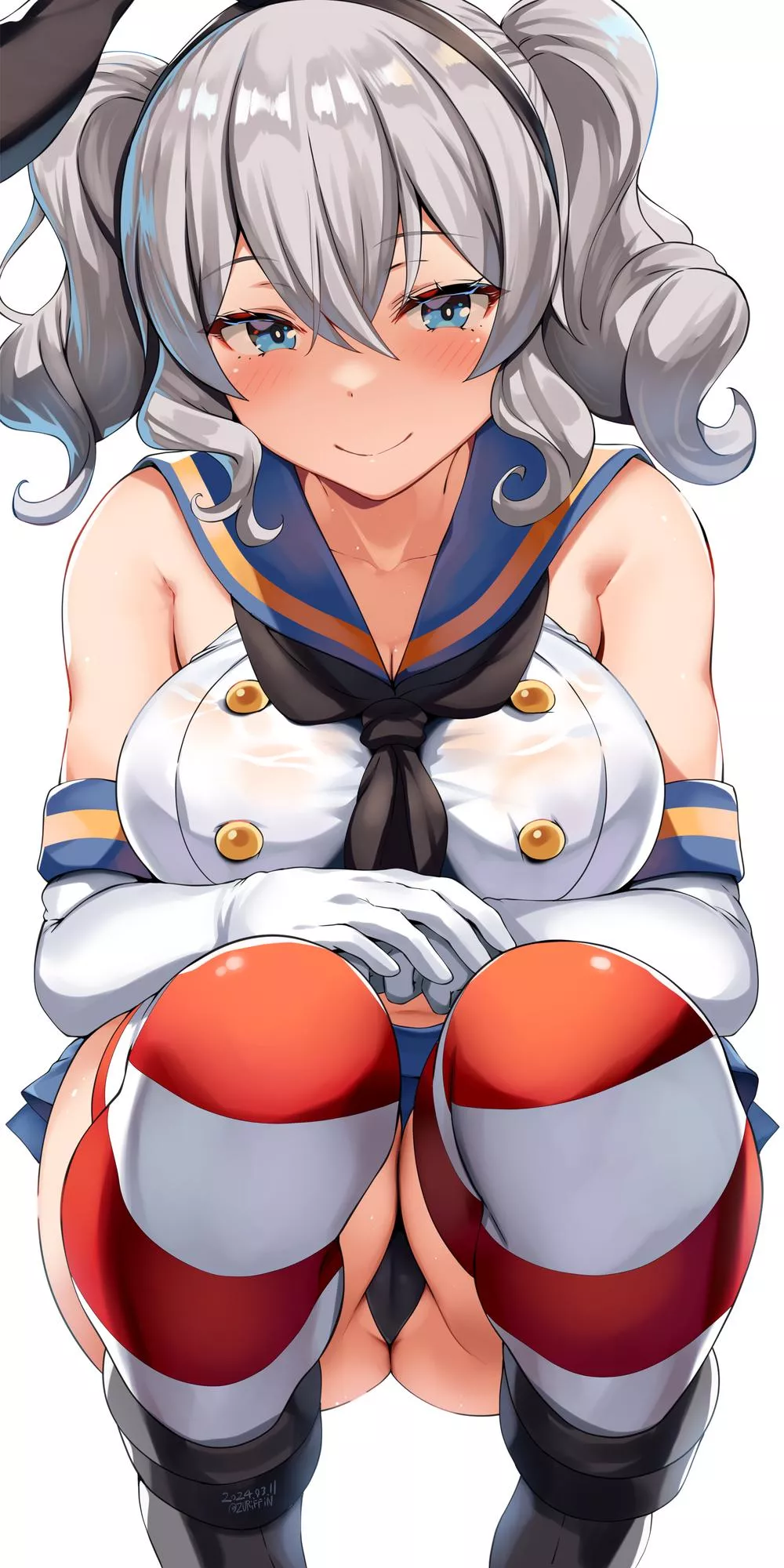 Kashima in Shimakaze cosplay squatting down