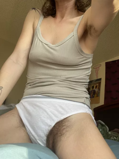 Teasing you this morning with my fuzzy pits and pussy peeks