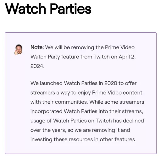 Twitch watch parties going away. 