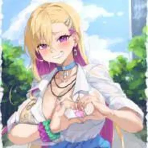 LF Color Source: 1girl, blonde, white shirt, leopard print, heart hands, blue collar, black necklace