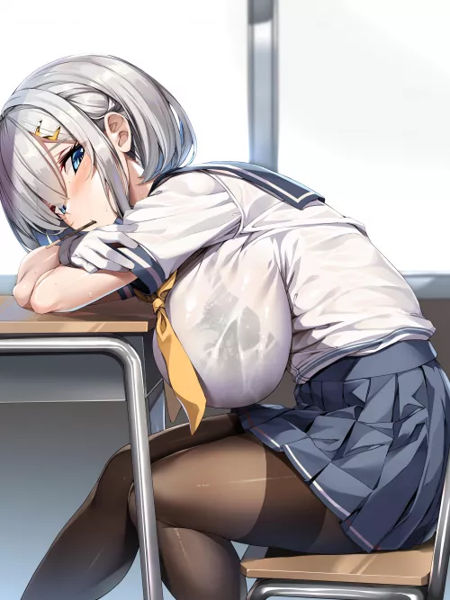 Hamakaze eating pocky at her desk (Torisan) [KanColle]