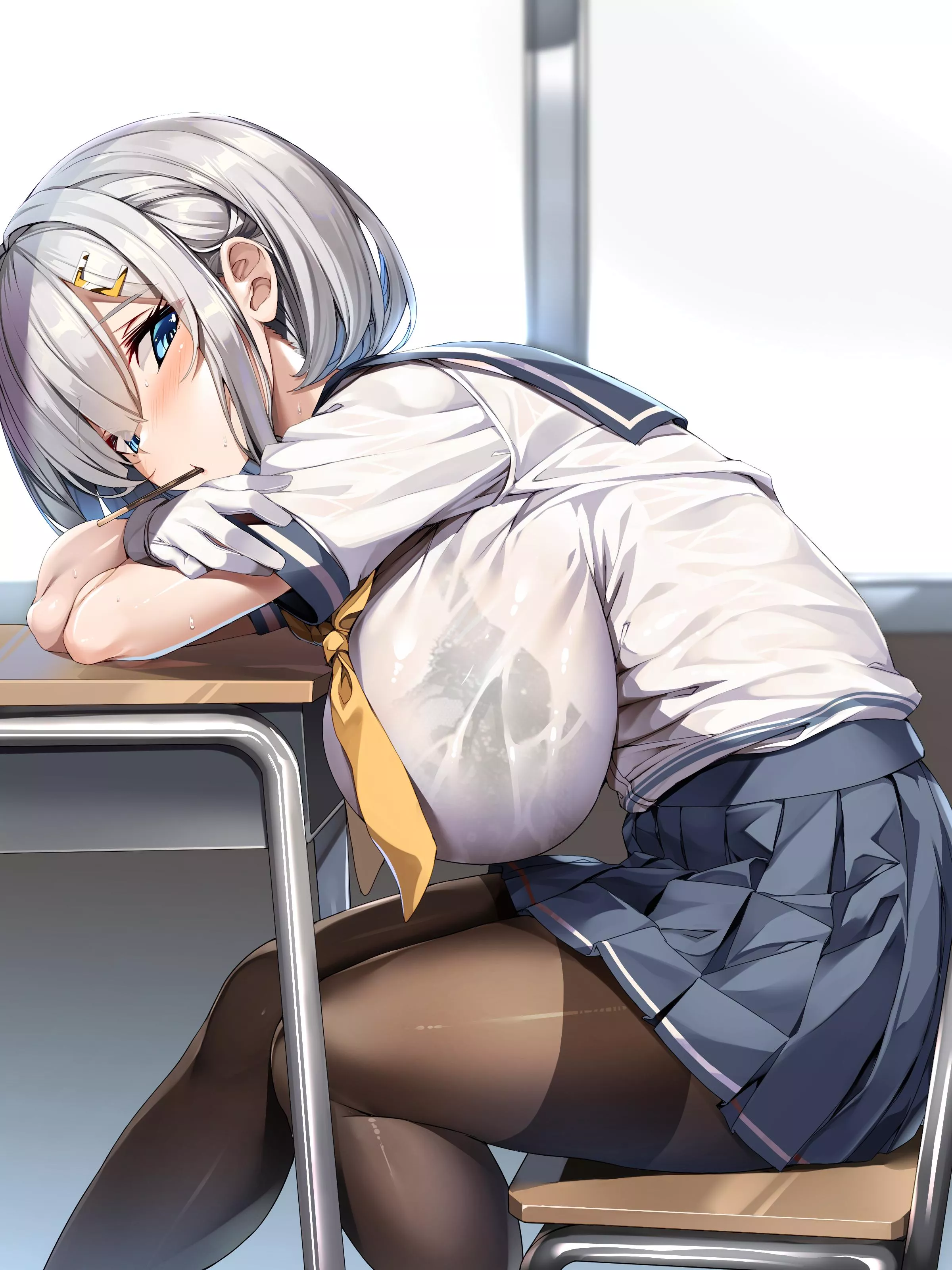 Hamakaze eating pocky at her desk (Torisan) [KanColle]