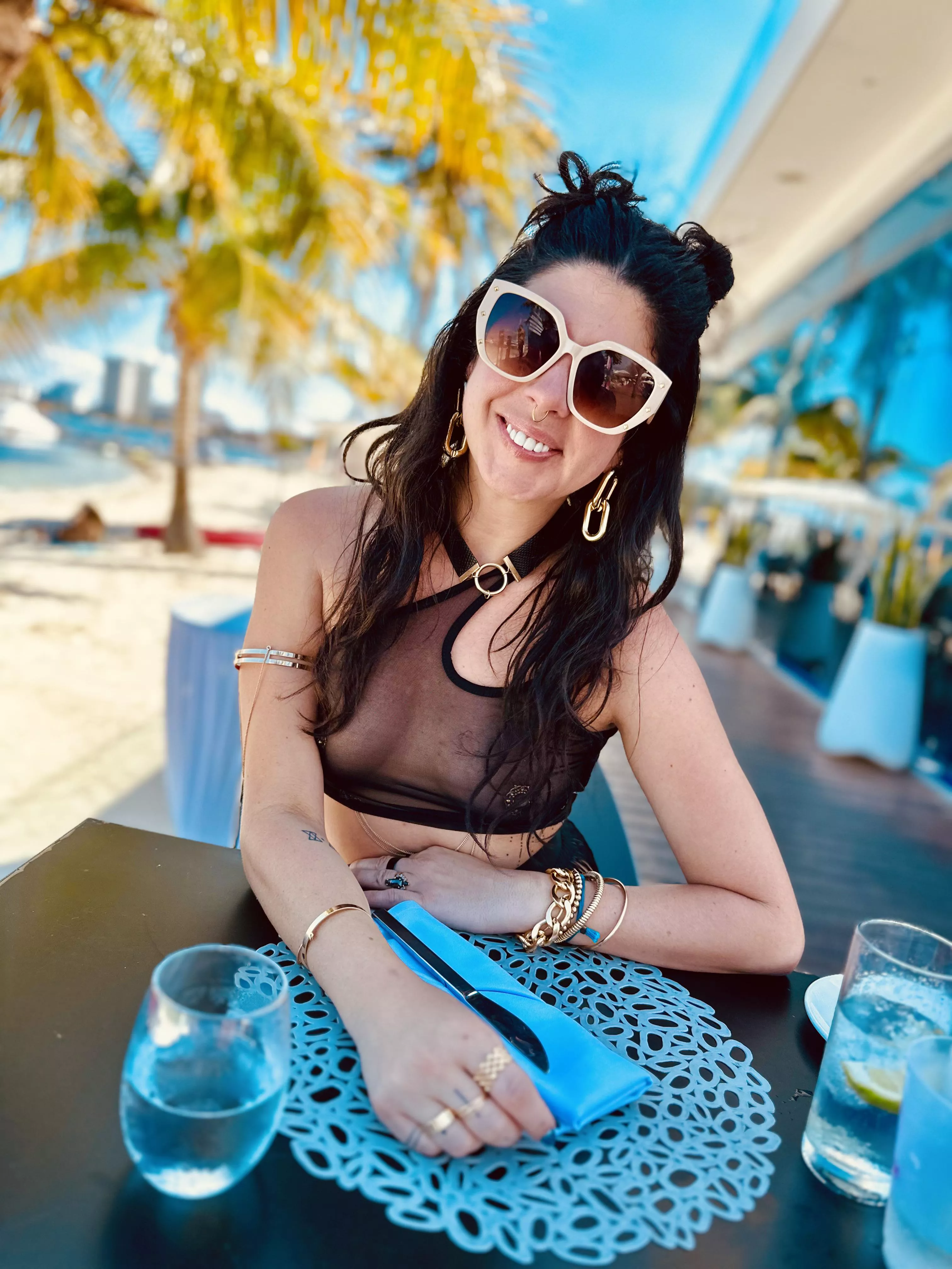 Nothing better than having breakfast at a beachside restaurant with your husband all while wearing a sheer top with nipple chains!!! 🥰😈🥵