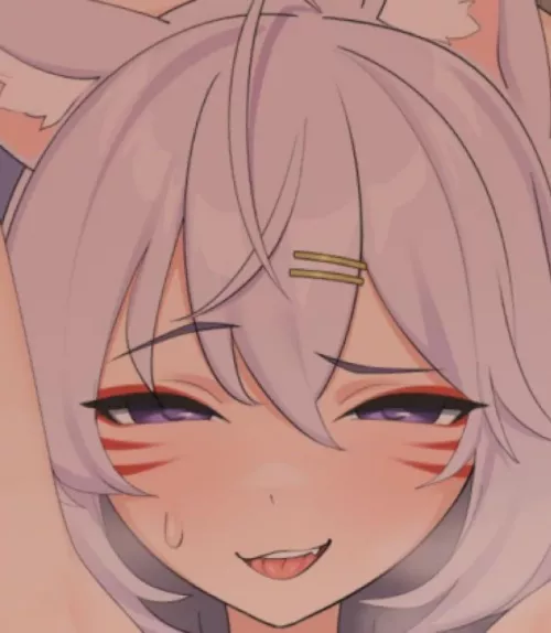 Color, 1girl, vtuber, light purple hair, purple eyes, sweating, smug, hairclips, foxgirl, Flipsie, one raised eyebrow