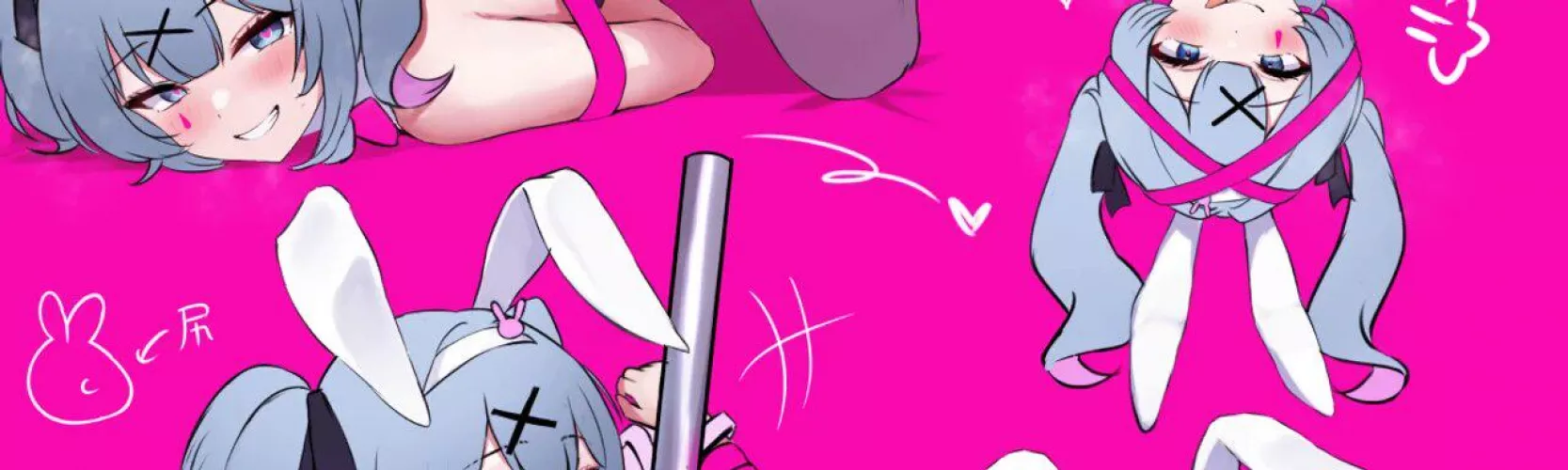 LF color source: 1girl, pink background, crop, heart, bunny girl, bunny ears, blue hair, smiling, hairband, teeth, bangs, bare shoulder, foreign text