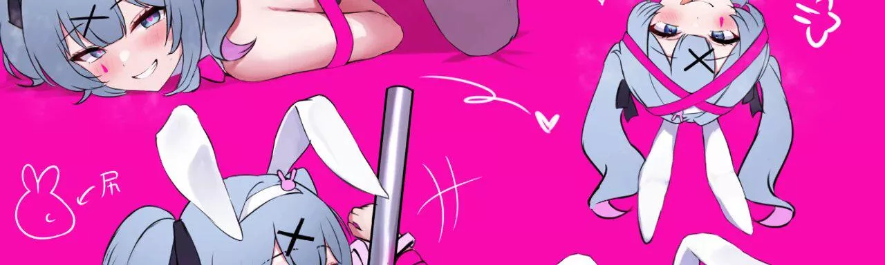 LF color source: 1girl, pink background, crop, heart, bunny girl, bunny ears, blue hair, smiling, hairband, teeth, bangs, bare shoulder, foreign text