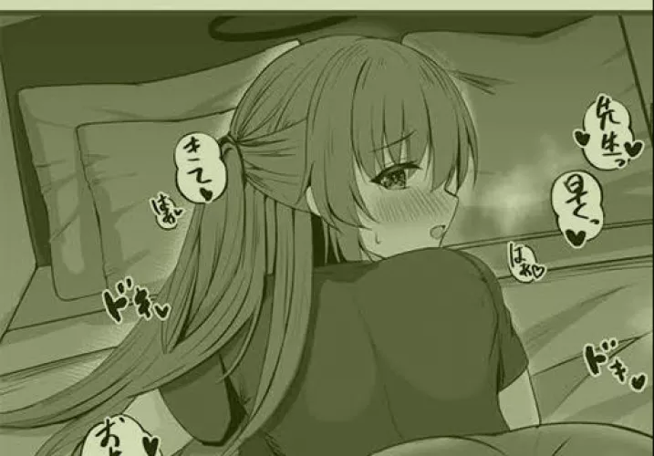 LF Mono Source: 1girl, long hair, dark hair, halo, ponytail, bed, blushing, open eyes, mouth open, laying down, clothed, short sleeve shirt, foreign text, bedroom, multiple pillows, panting.