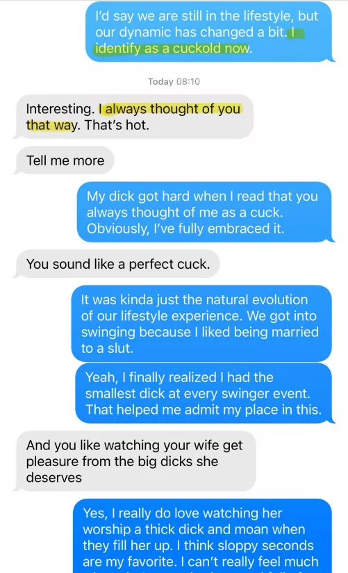 I came out as a cuckold to a friend from our swinger days. His response nearly made me cum in my pants on my way to work this morning. Most people think I’m an Alpha, but this guy saw the real me.