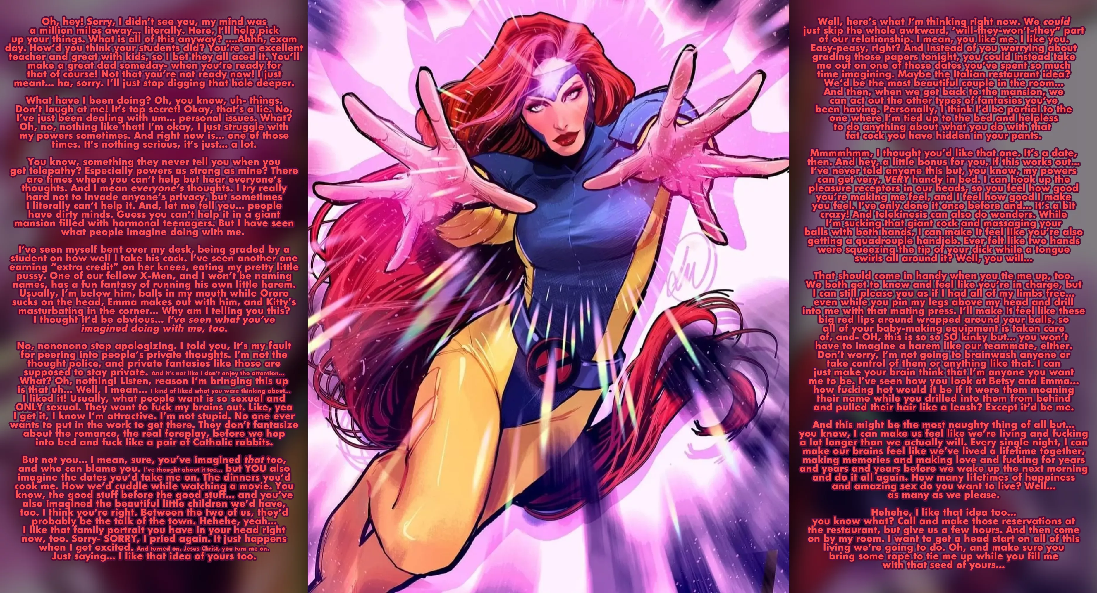 Jean Grey Imagines A Family With You [Art by Lucas Werneck] [Marvel] [X-Men] [Mutant] [Telepathy] [Telekinesis] [Superpowers] [Dirty Talk] [Imagining] [Flirting] [Romance] [Confession] [Kinky] [Talking about Bondage] [Blowjob] [Mating Press] [Creampie]
