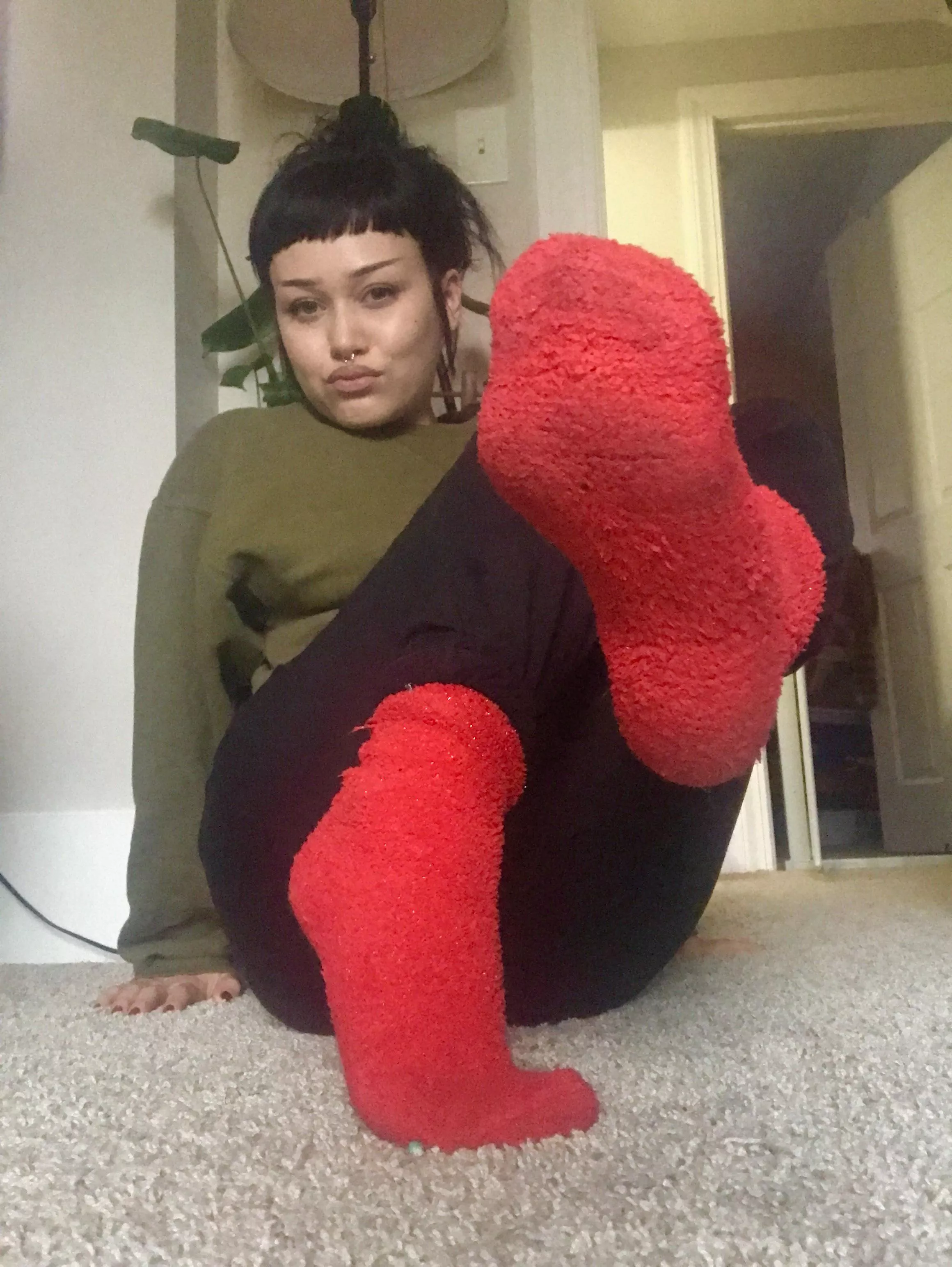 ✨selling✨ sweaty red fuzzy socks. 