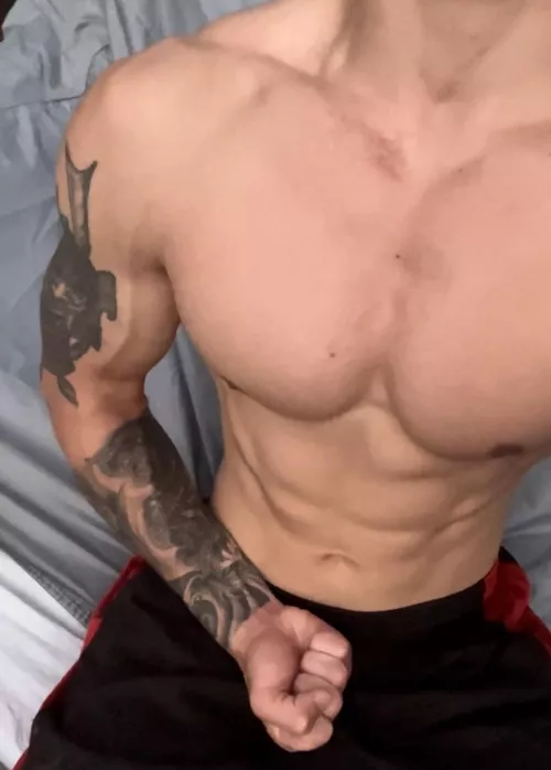 Tatted arm is all pumped up from tugging my 8 inch beast 🥰