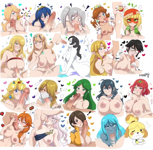Rosalina, Lucina, Robin, Daisy, MinMin, Samus, Mythra, Wii Fit, Zelda, Bayonetta, Peach, Sheik, Palutena, Byleth, Pyra, Alex, Corrin and Mii Gunner (KarbuittN)
