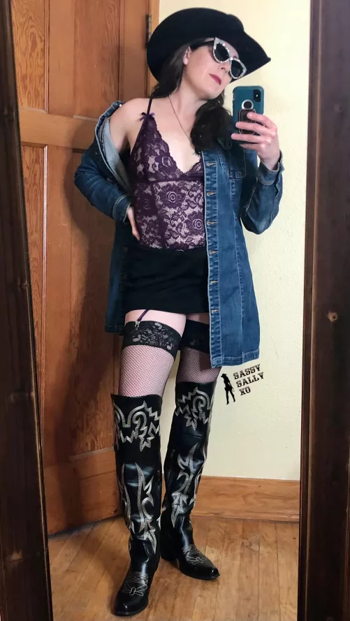 Short skirt, long jacket, tall boots