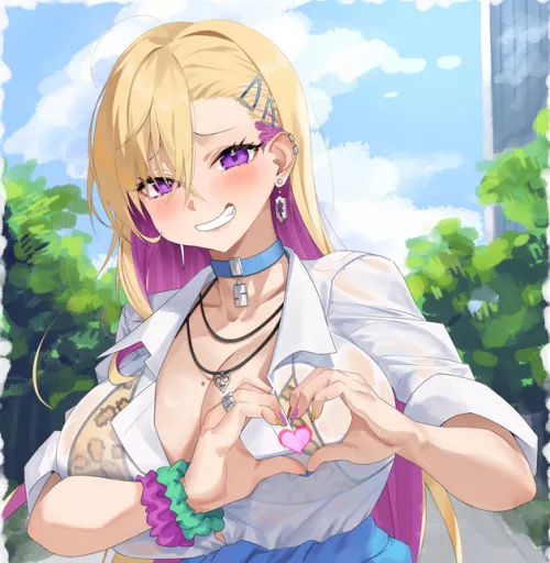 Color 1girl blonde_hair_between_eyes clenched_teeth collar colored_inner_hair crossed_bangs_pinned_back ear_piercing earrings gyaru hairclip heart_hands large_breasts leopard_print looking_at_viewer mole_on_breast necklace pink_hair purple_eyes scrunchie