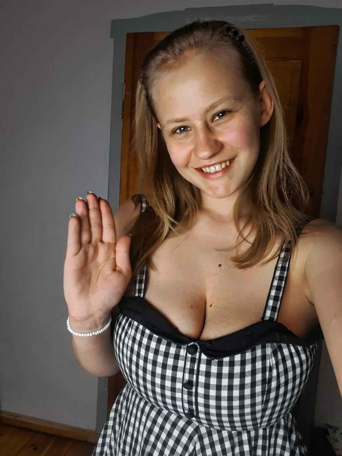 It's spring, it's warm, so I put on a spring dress, but of course without a bra.