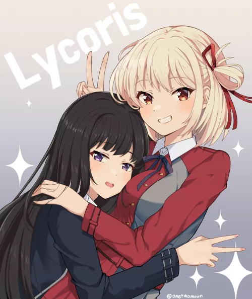 Chisato and Takina hugging (By Twomoon ) [Lycoris Recoil]