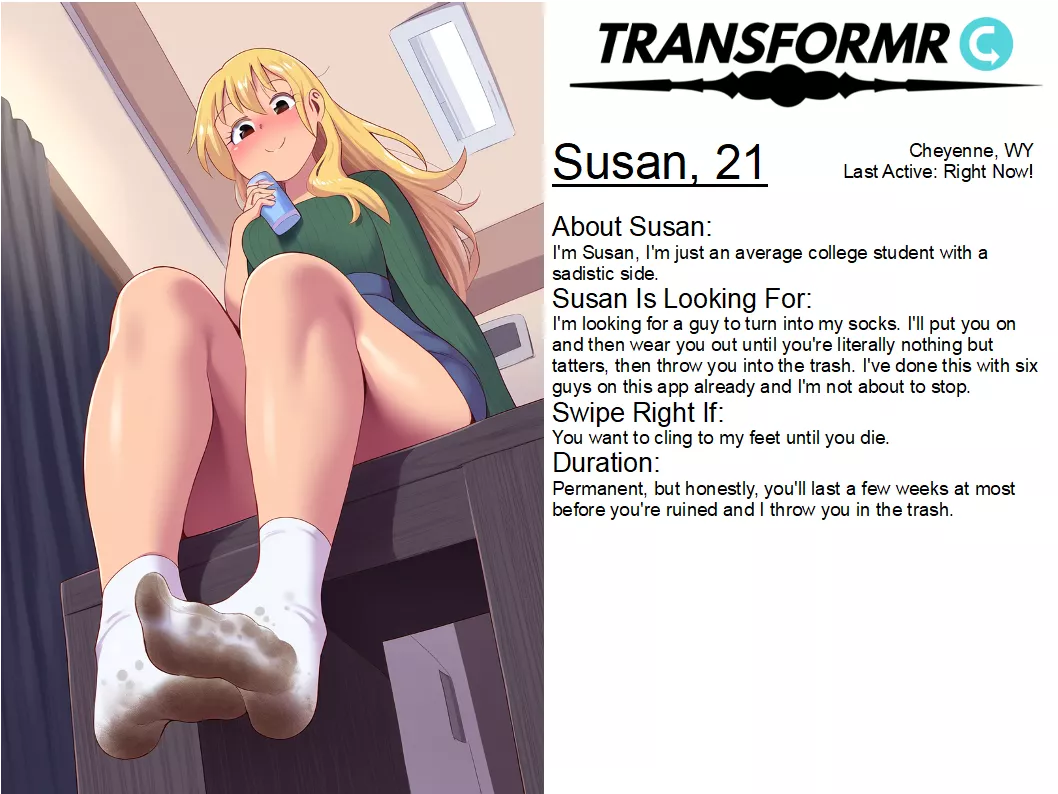 Transformr Profile: Susan [Inanimate, Caption, Clothing, Socks-TF] by TransformedDestiny