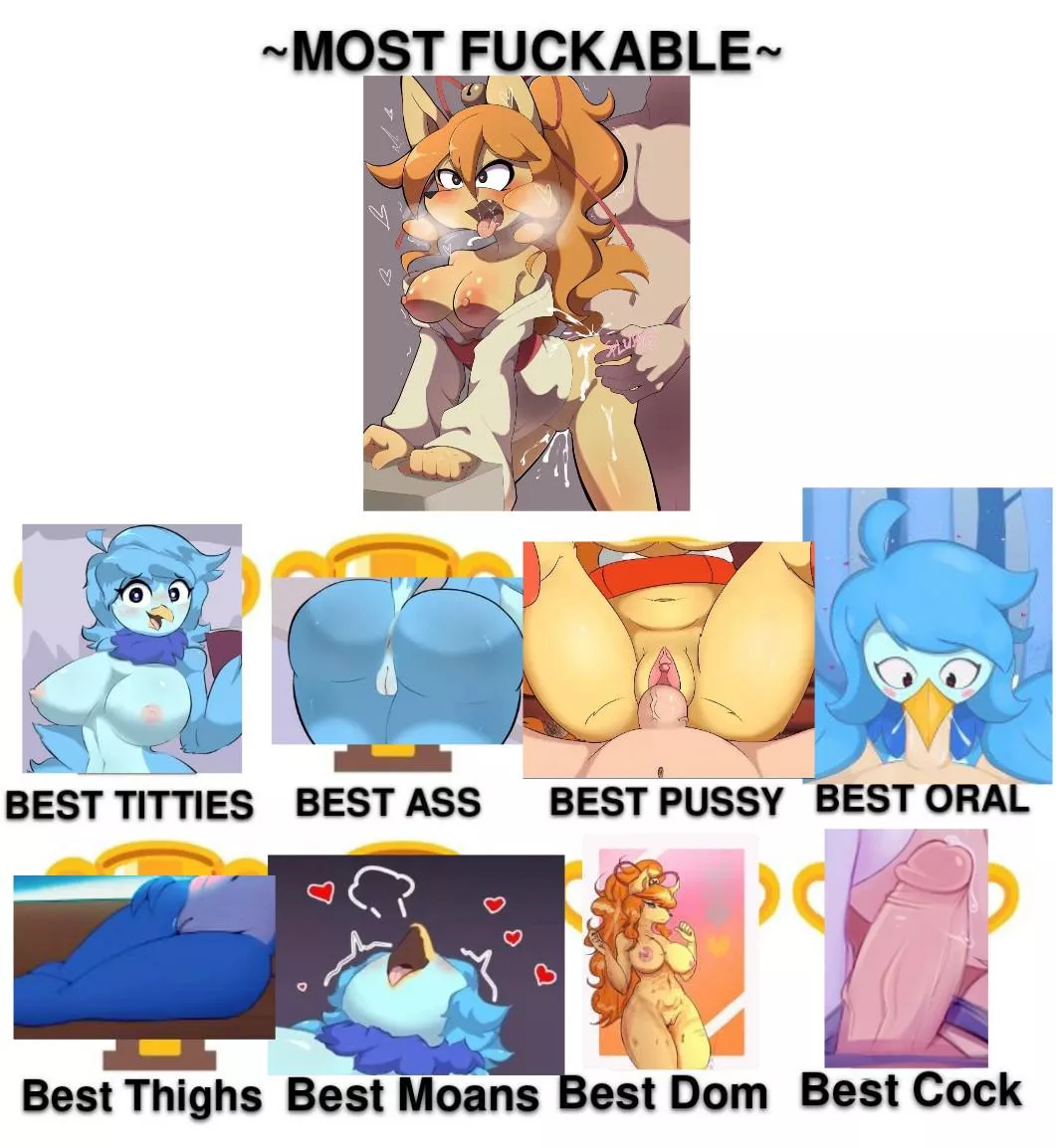 The votes for the [Sexy Awards] bonus round part 2/ Sexy Awards 2.9 have been submitted. Here are the final results! The Sexy Awards 3 is coming soon, and with twice the categories, so I need your help to suggest your own. Until next time, naughty fucker