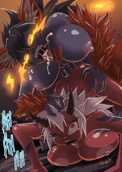 Futa Hellhound x Oni girl (coloured)