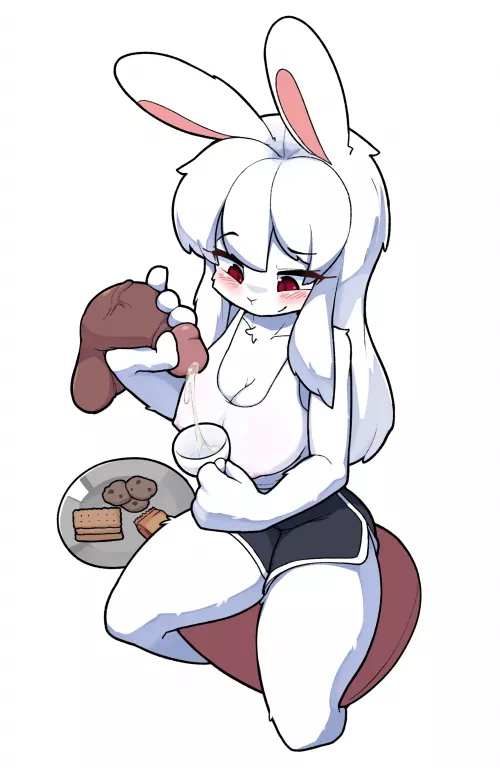 LF Color Source: 1girl, furry, bunny, red eyes, black shorts, sitting, white hair, shirt