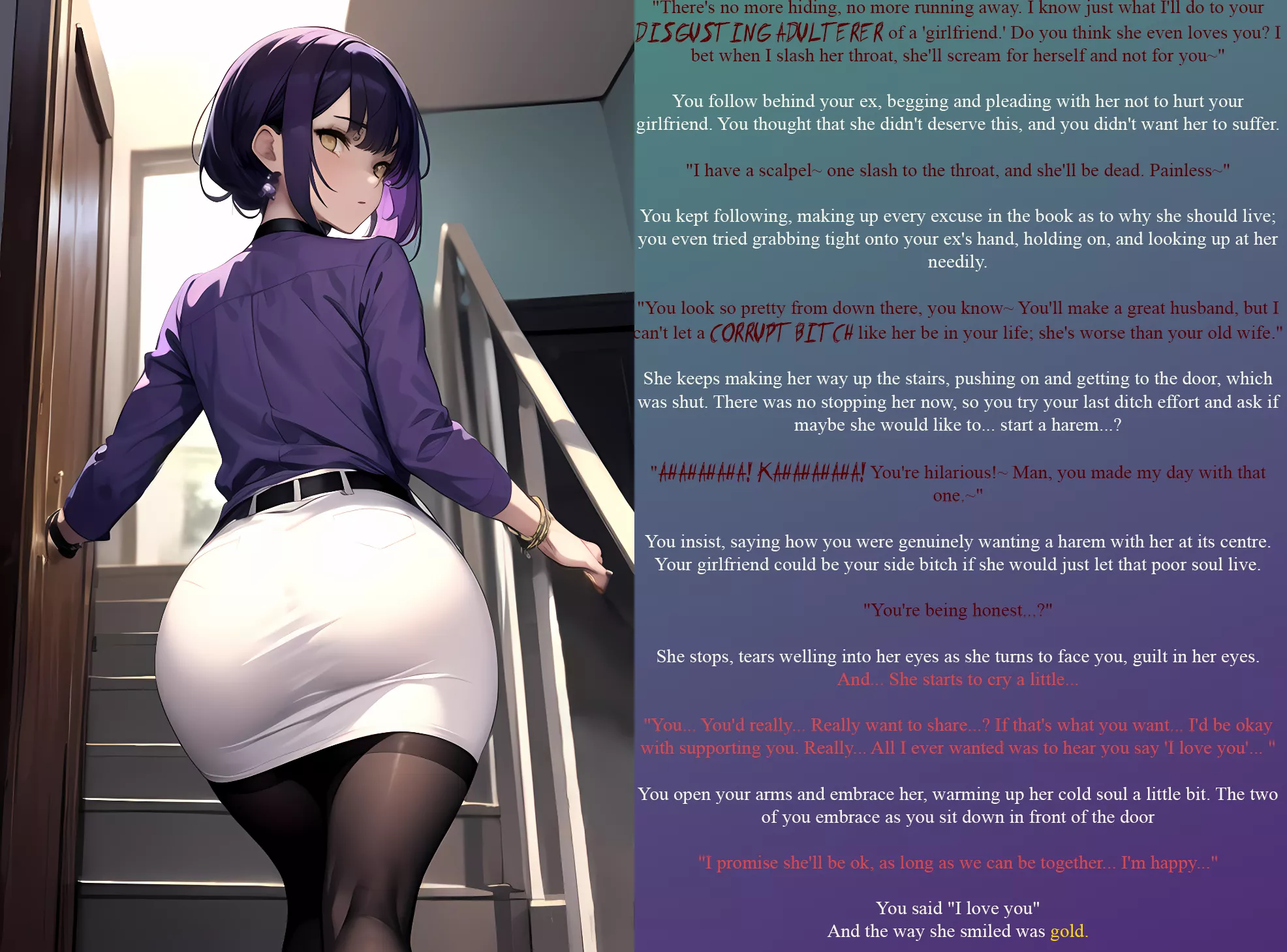 She was convinced! Your yandere girlfriend accepts a harem. [Part 5B] [Start of an alternate timeline] [Changes from 5A at the end.] [The start is the same] [Sorry.] [Yandere] [Threats] [Hugs] [Comforting] [Becomes Wholesome] [Romance] [Love] [Crying] [N