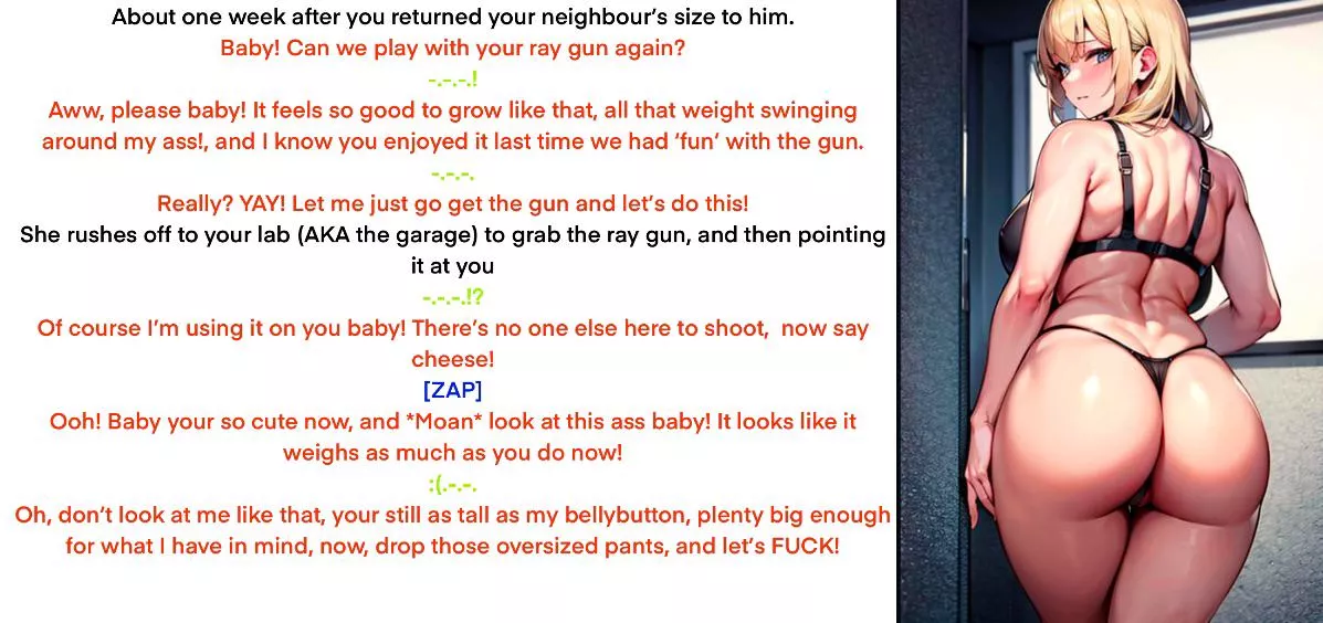 She’s very persuasive [size theft][ass expansion][shrinking POV][ray gun][imminent sex][wife][seduction?][AI generated art]