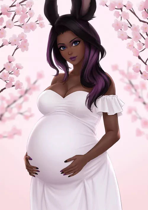 My OC Arna looking wonderfully pregnant in a white dress surrounded by Cherry Blossoms. 😍🥰 Drawn and painted by the very talented umigraphics! Link to his page below. Despite her looking very similar to my OC Iris. They still feel just unique enoug